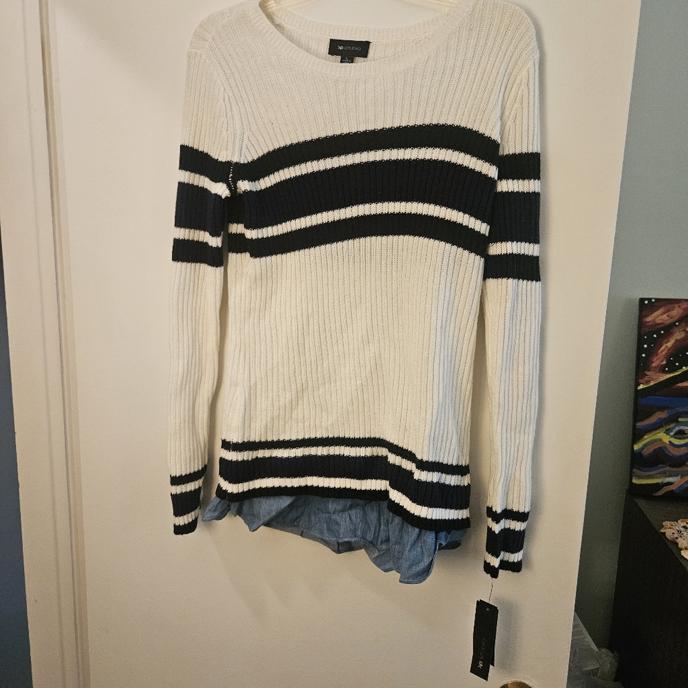 *NWT* AB Studio Black and White Striped Sweater with Denim Size Large